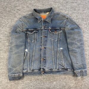 Levis Denim Trucker Jacket Mens XL Blue Distressed Jean Jacket Button Front
